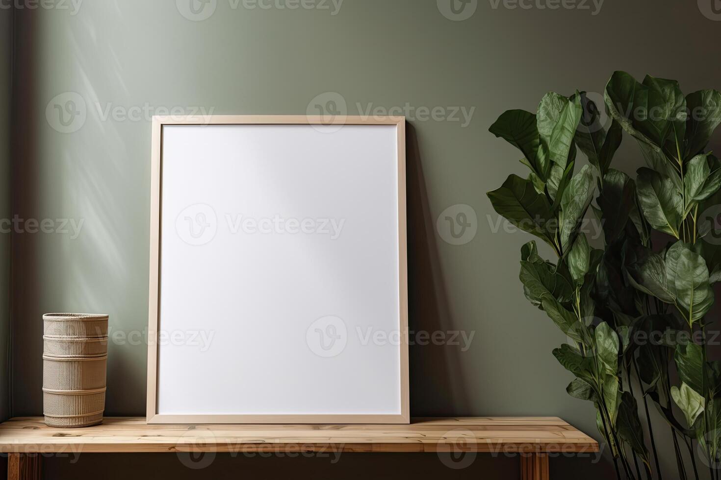 Modern home interior with design wooden commode, mock up poster map, feather in vase, accessories in stylish home decor Template. photo