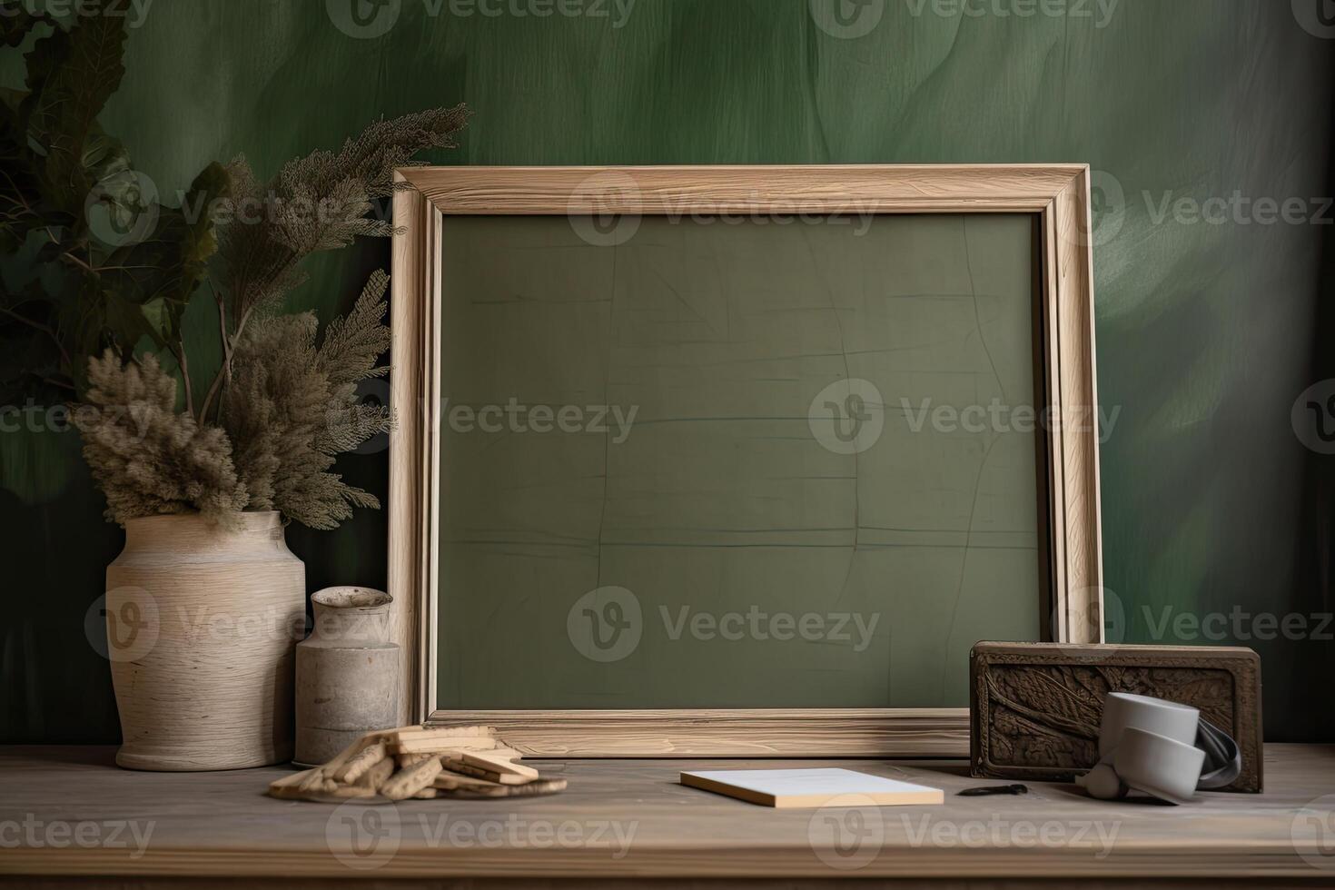 Modern home interior with design wooden commode, mock up poster map, feather in vase, accessories in stylish home decor Template. photo