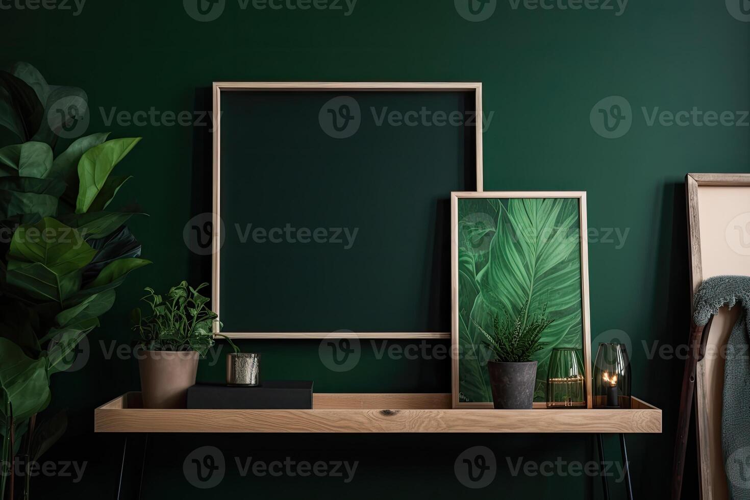 Modern home interior with design wooden commode, mock up poster map, feather in vase, accessories in stylish home decor Template. photo