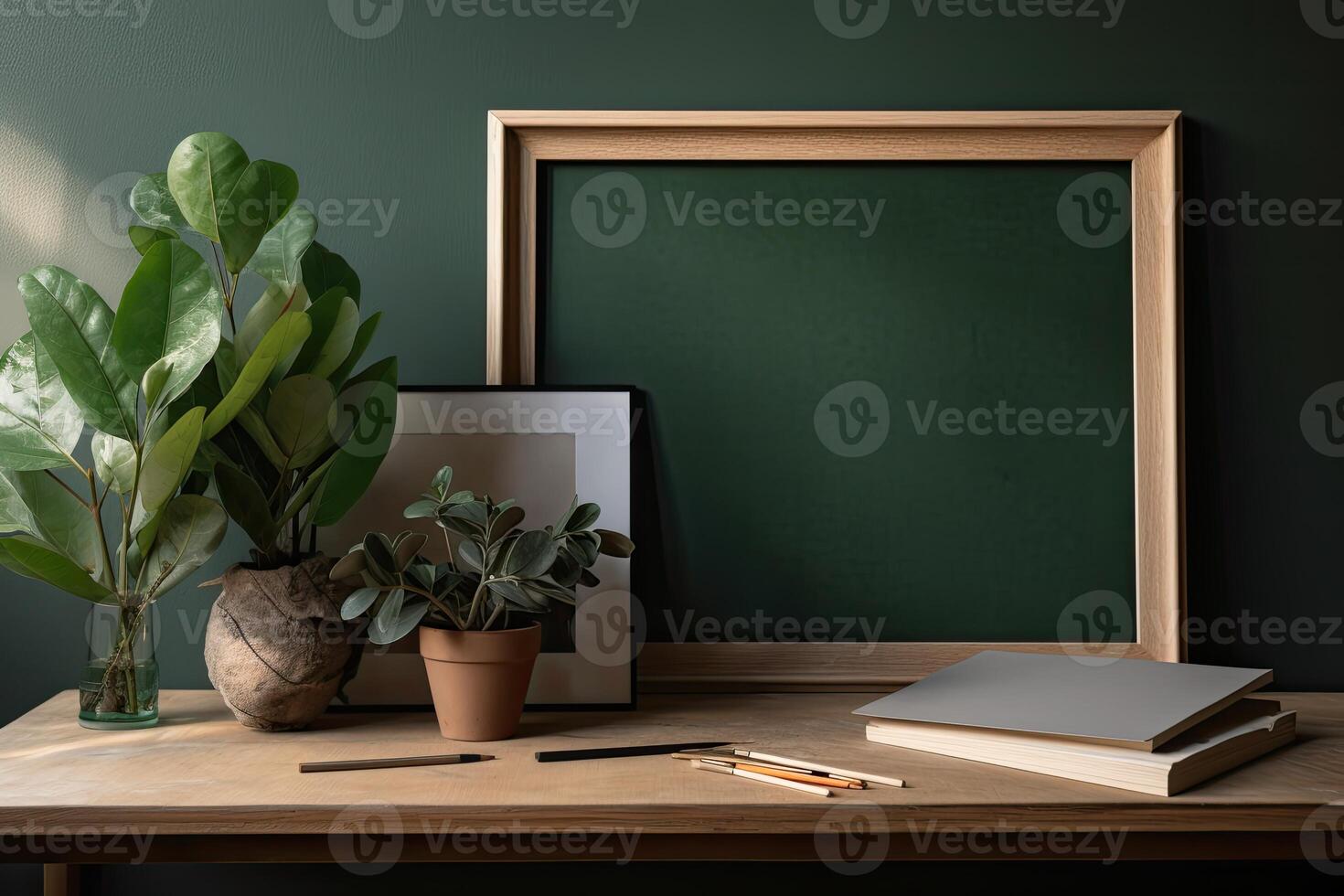 Modern home interior with design wooden commode, mock up poster map, feather in vase, accessories in stylish home decor Template. photo