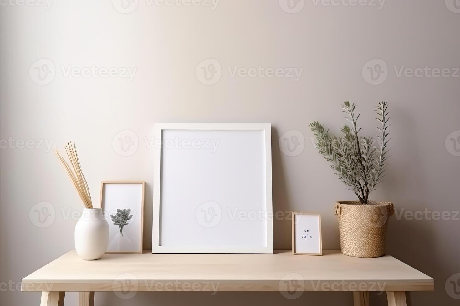 Modern home interior with design wooden commode, mock up poster map, feather in vase, accessories in stylish home decor Template. photo