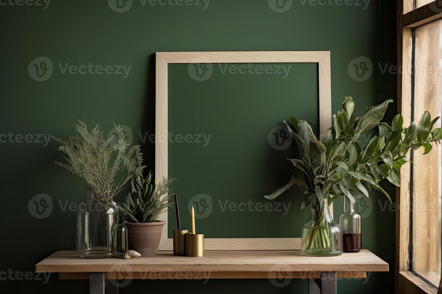 Modern home interior with design wooden commode, mock up poster map, feather in vase, accessories in stylish home decor Template. photo