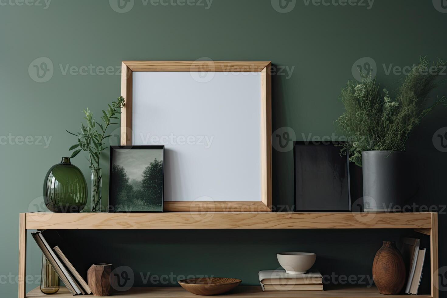 Modern home interior with design wooden commode, mock up poster map, feather in vase, accessories in stylish home decor Template. photo