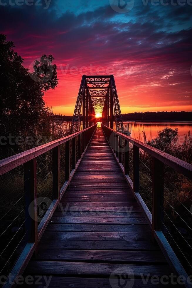 Wooden plank walkway leading to a beautiful sunset on the lake. . photo