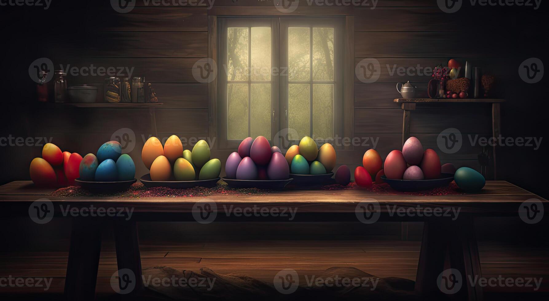 row of colorful easter eggs on wooden table and bokeh background, place for typography and logo. Rustic wooden table. Easter theme. . photo