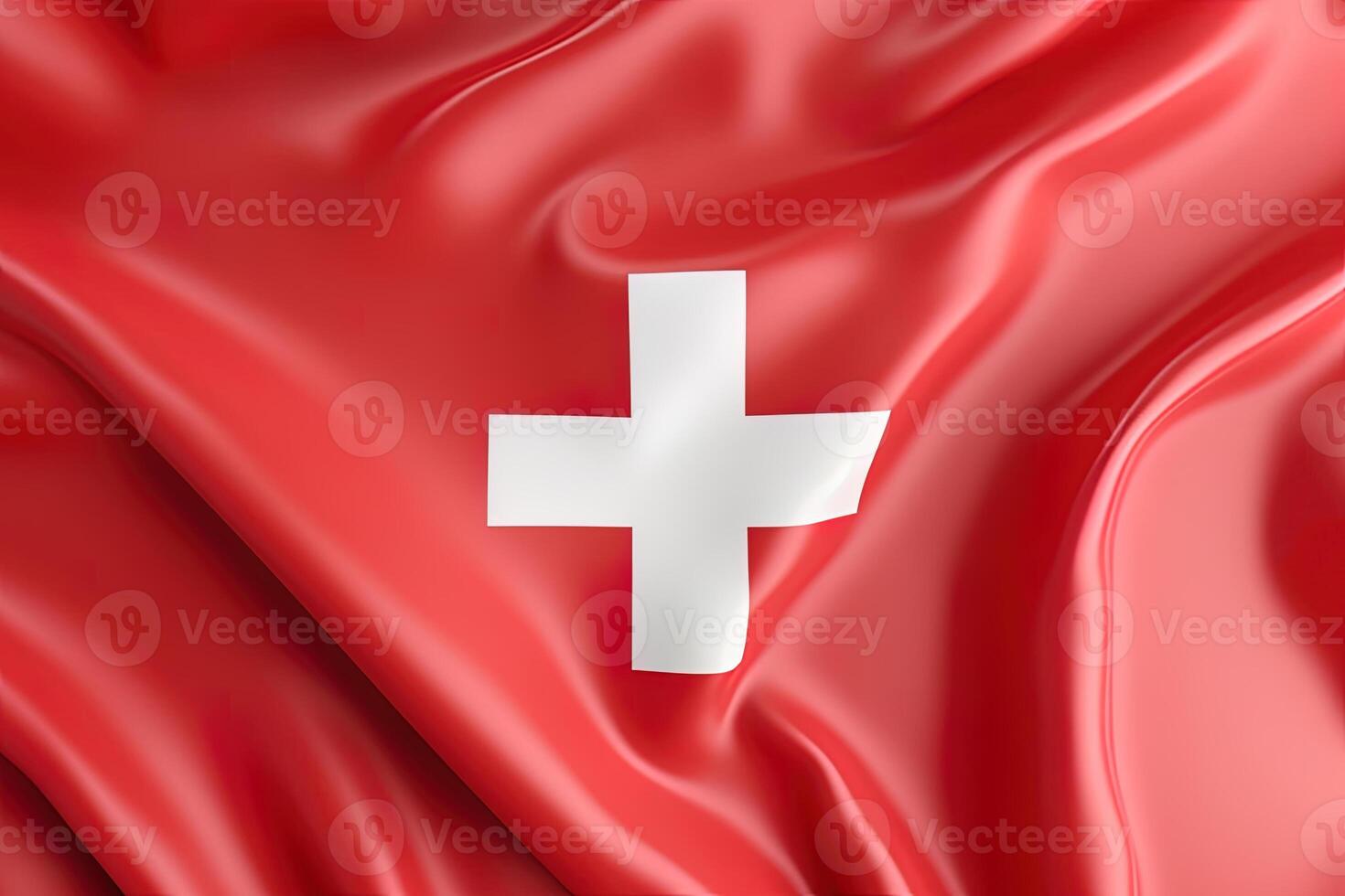 Red and white cross background, waving the national flag of Switzerland, waved highly detailed close-up. photo