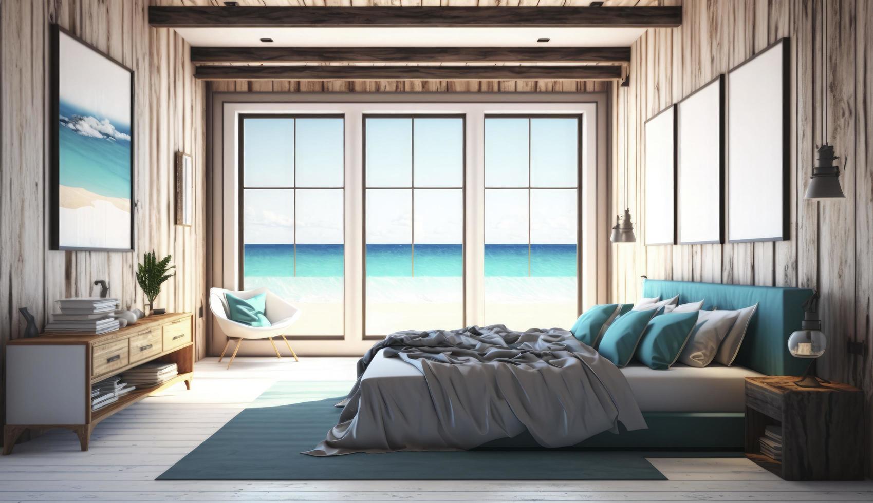 Beach bedroom interior - Modern and Luxury vacation, 3D render, Generate Ai photo