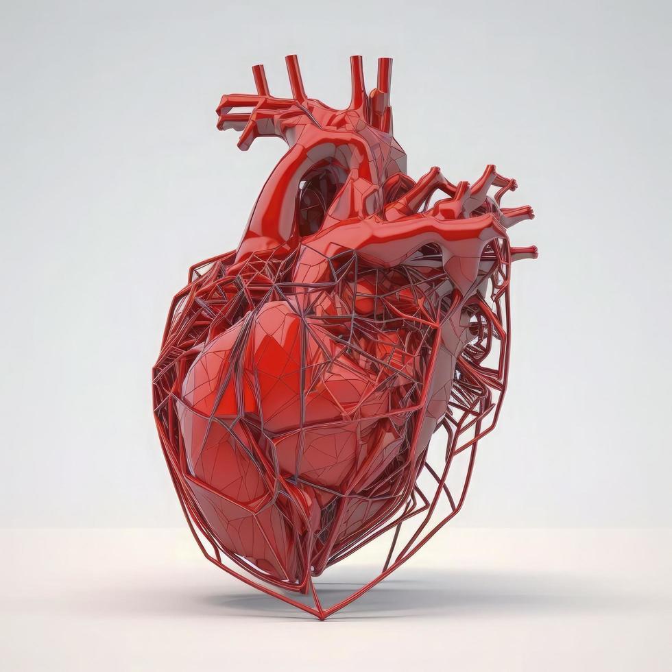 red color, Human heart wireframe on white background photo