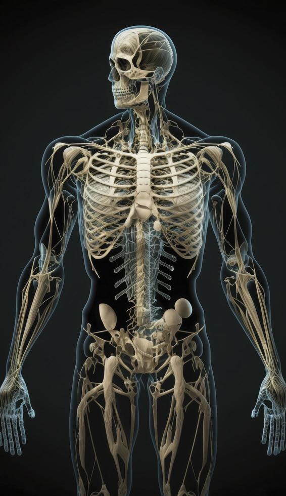 lleno humano cuerpo anatomía. 3d representación, anatómico dibujo, cuerpo muscular sistema bosquejo dibujo, generar ai foto