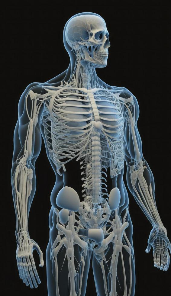 lleno humano cuerpo anatomía. 3d representación, anatómico dibujo, cuerpo muscular sistema bosquejo dibujo, generar ai foto