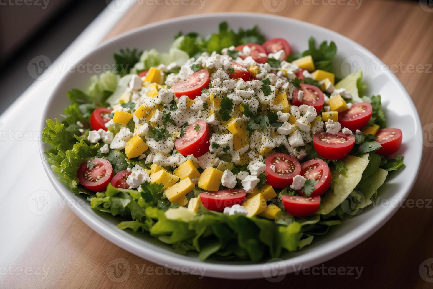 Fresco ensalada con verde Olivos, queso feta queso y Cereza Tomates en un bol. sano ensalada. generativo ai foto