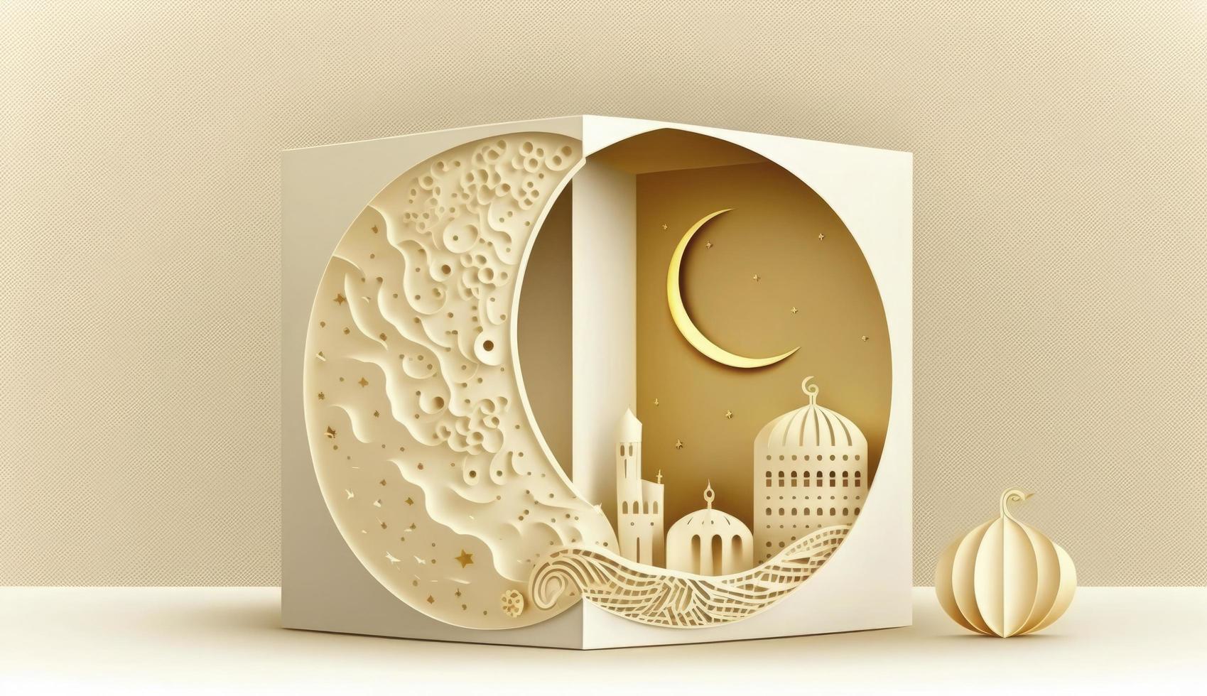 islámico fondo, regalo caja, linterna, oro creciente Luna en blanco. diseño concepto de Ramadán Kareem, mawlid, iftar, isra y miraj o eid Alabama fitr adha, 3d ilustración, generar ai foto