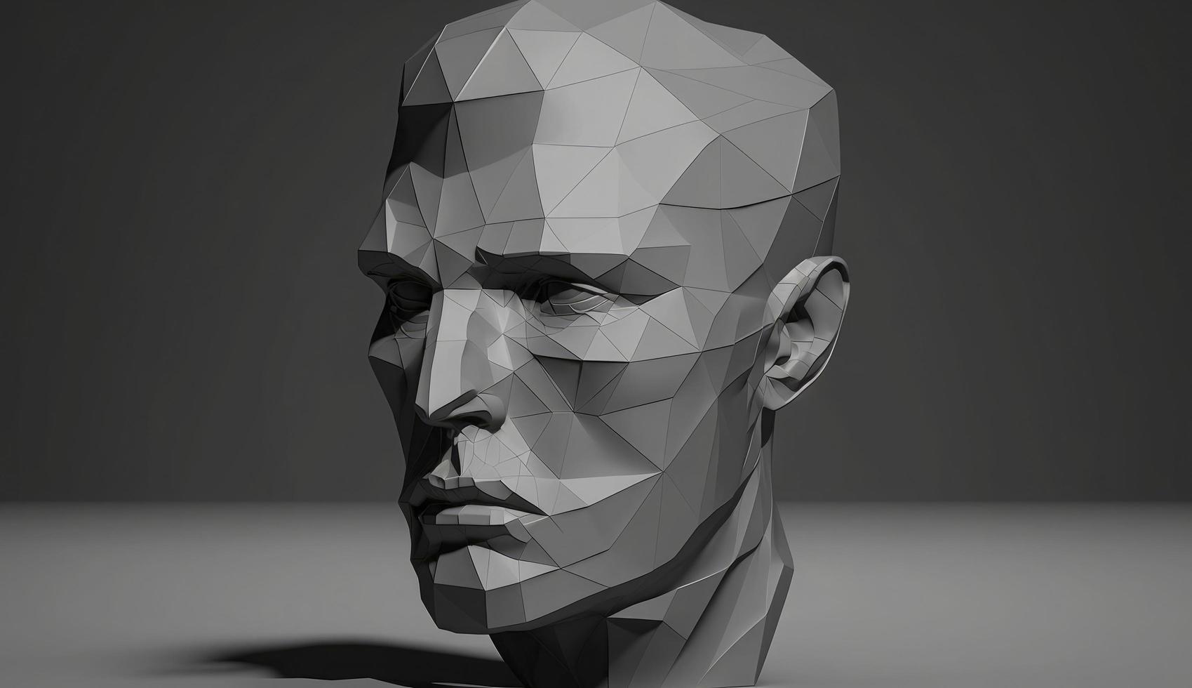 estilizado humano cabeza, 3d modelado valores ilustración, humano rostro, cabeza, Tres dimensional, modelado low-poly, marco de alambre modelo, , generar ai foto