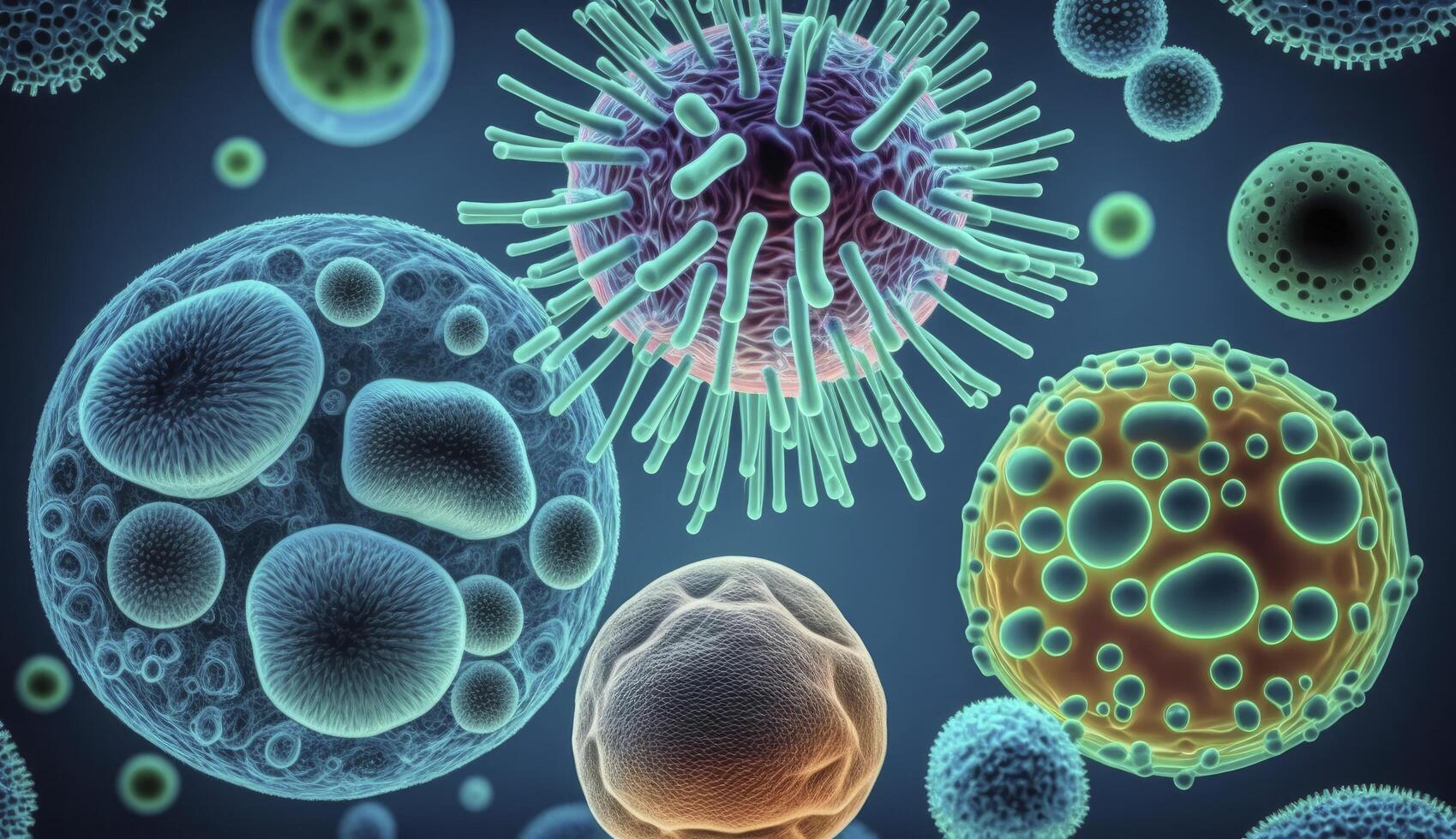 Macro shot of different types of microbes. Virus cells and bacteria on abstract background. Created with photo