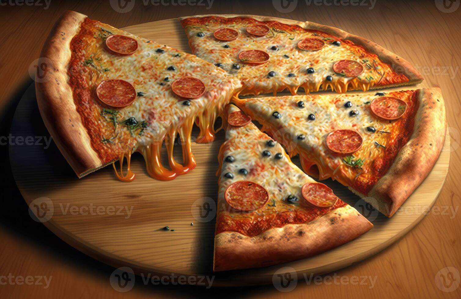 ai generado resumen rápido comida pepperoni Pizza. picante salami, queso y pimienta coberturas en Pizza. foto