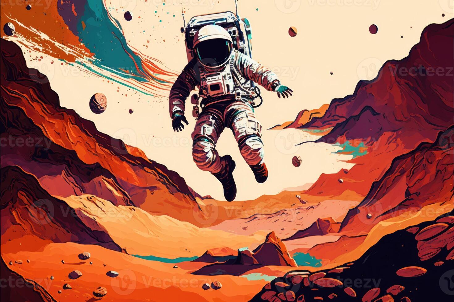 Zero gravity. Weightless wonder. Spaceman jumps at mars multicolor