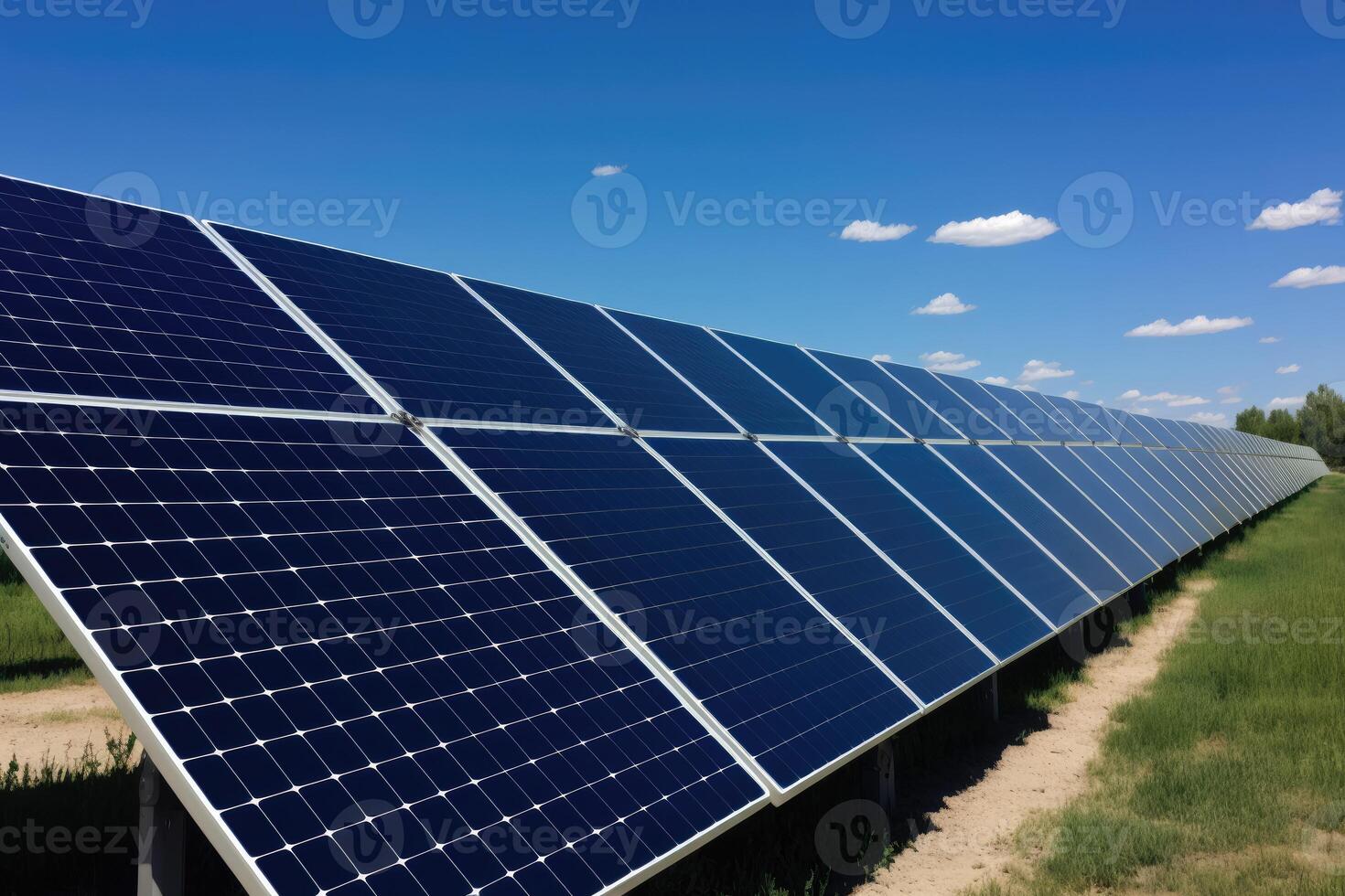 Row of solar panels installed on a field of green grass. photo