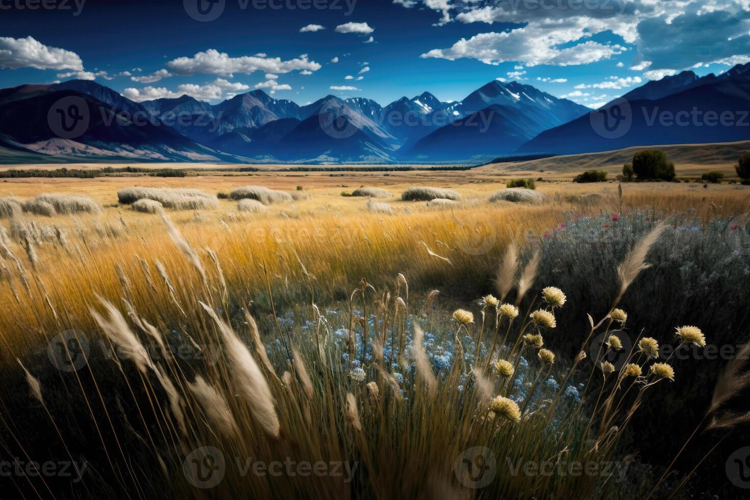 Meadow filled with tall grasses and wildflowers, with a distant range of mountains providing a stunning backdrop. photo