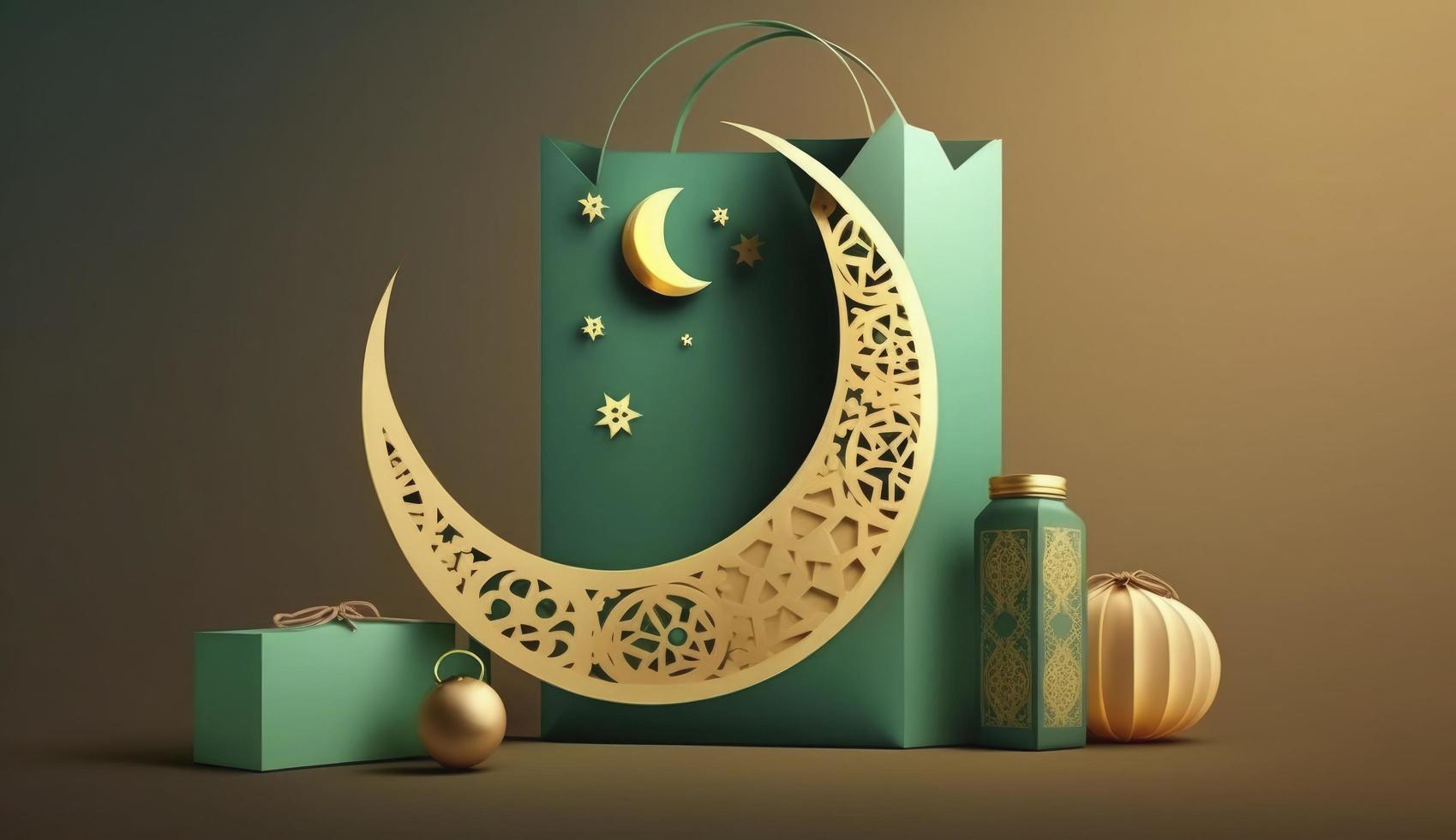 Shopping bag, gift box, lantern, gold crescent moon on green background. Design concept of islamic celebration day ramadan kareem or eid al fitr adha, 3D illustration, Generate Ai photo