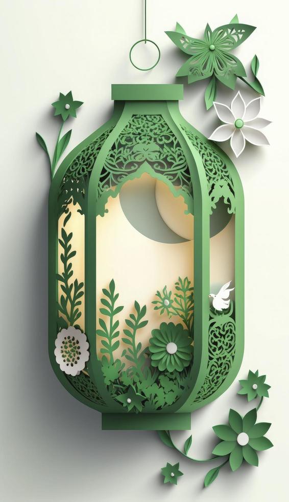 Islamic greeting Eid Mubarak cards for Muslim Holidays. Eid-Ul-Adha festival celebration. Arabic Ramadan Lantern. Decoration lamp, Generate Ai photo