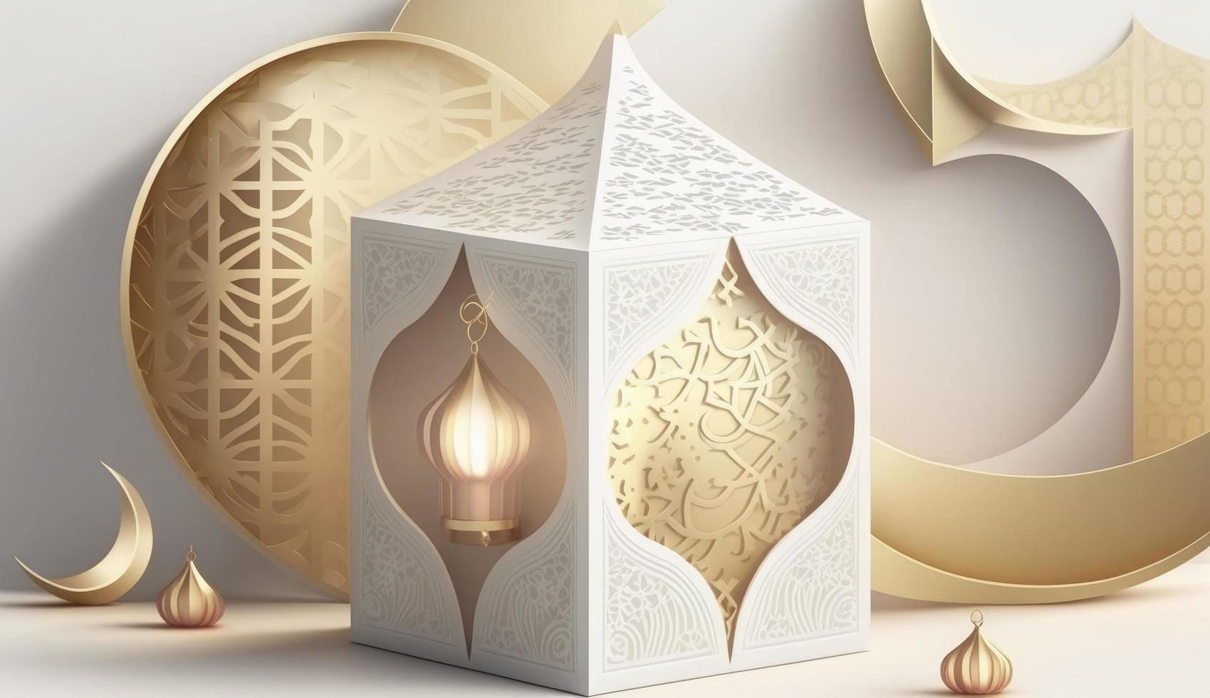 Islamic background, Gift box, lantern, gold crescent moon on white. Design concept of ramadan kareem, mawlid, iftar,isra and miraj or eid al fitr adha, 3D illustration, Generate Ai photo