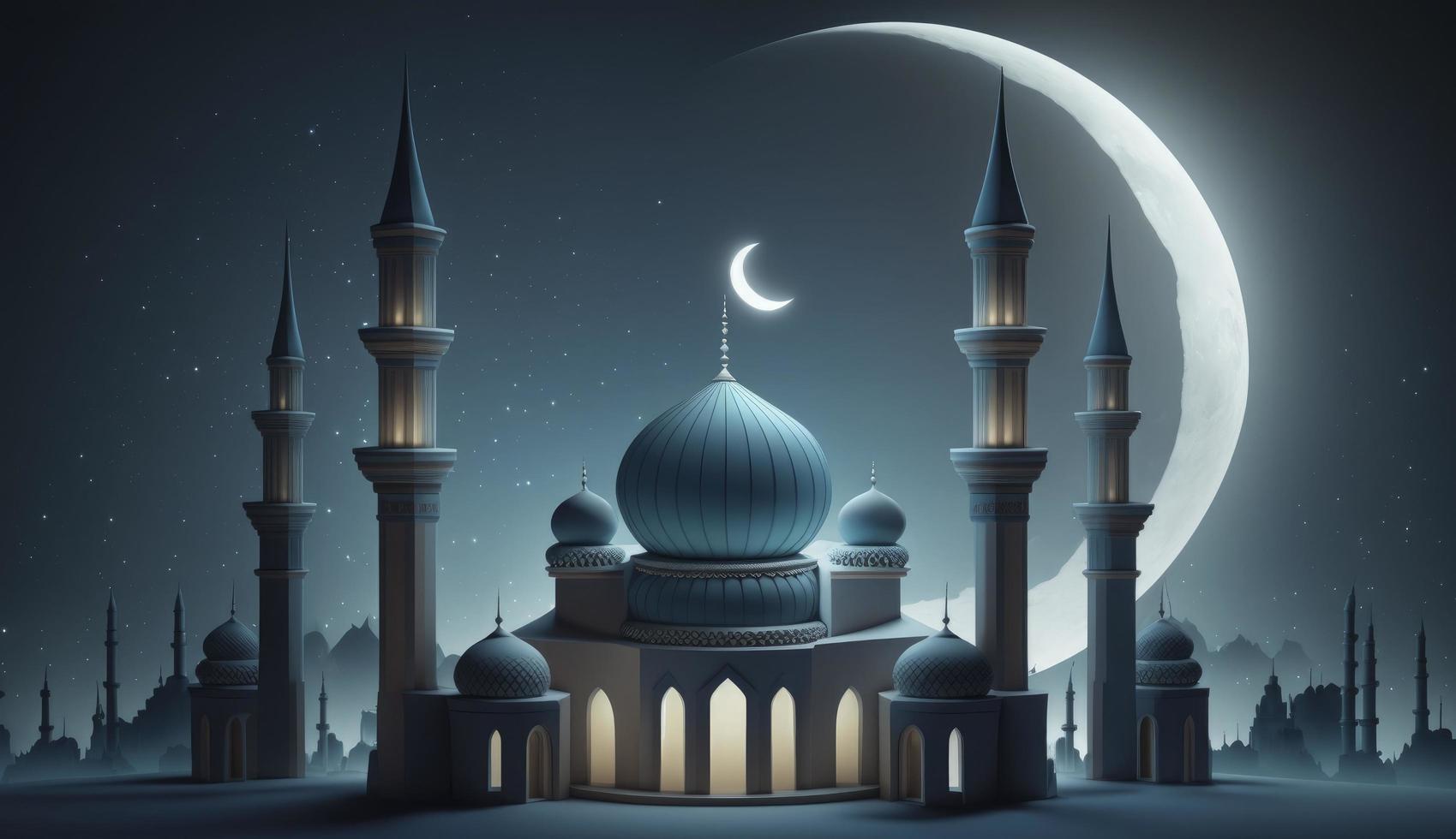 mosque and moon, blue background, 3d render, Generate Ai photo