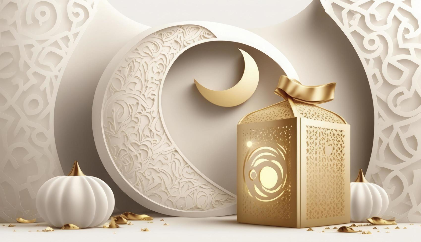 Islamic background, Gift box, lantern, gold crescent moon on white. Design concept of ramadan kareem, mawlid, iftar,isra and miraj or eid al fitr adha, 3D illustration, Generate Ai photo