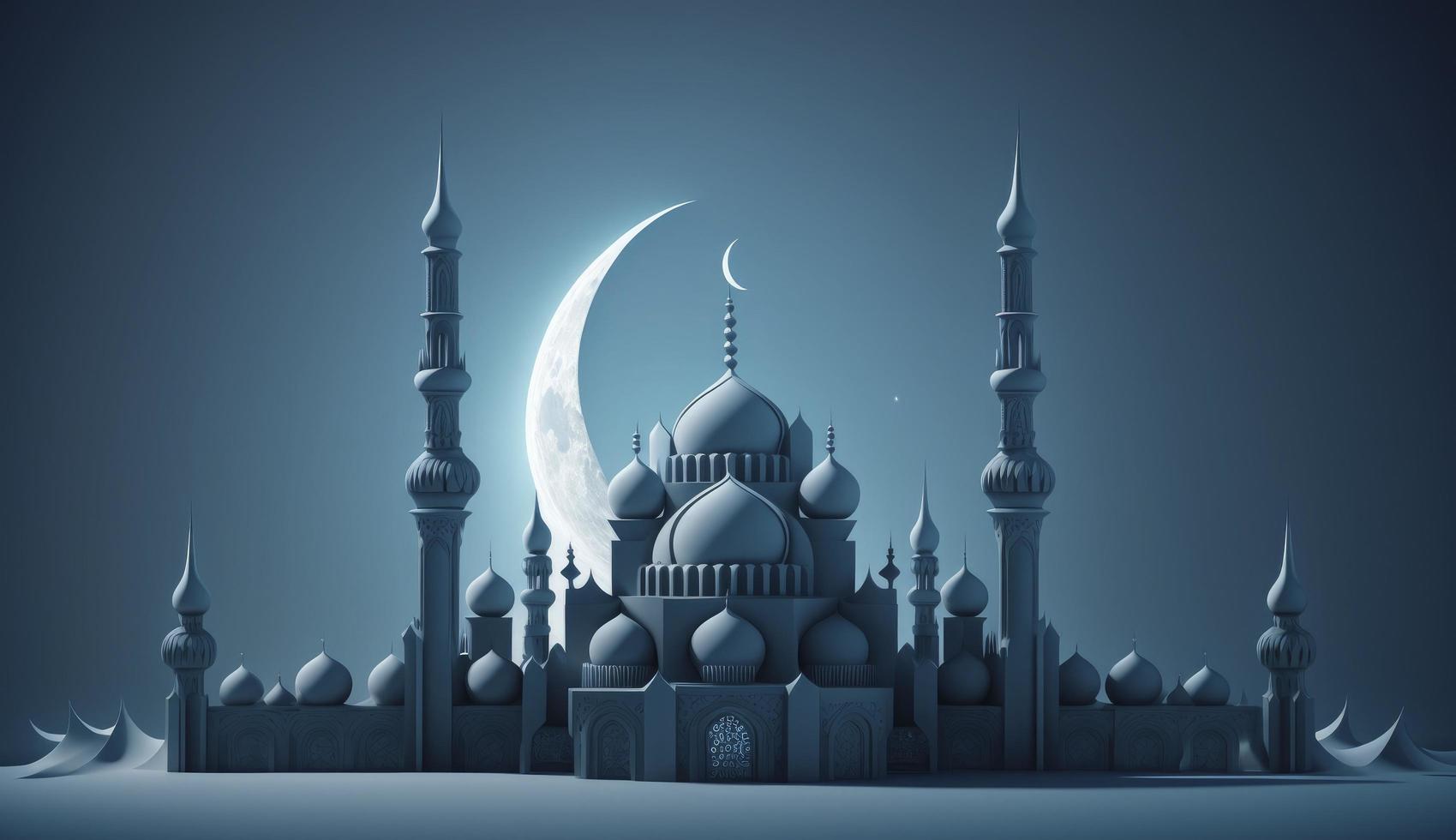 mosque and moon, blue background, 3d render, Generate Ai photo