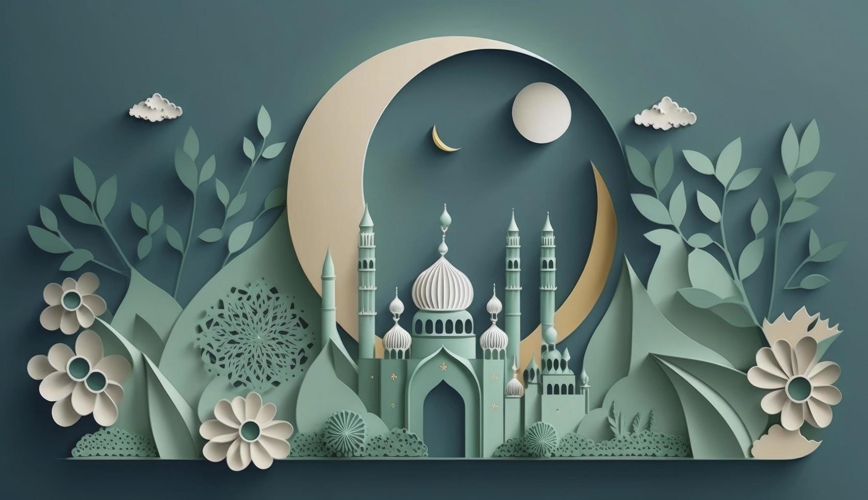 Paper art, eid mubarak, ramadan kareem, rmadan kareem greeting card, ramadan kareem banner, ramadan kareem card, eid mubarak ramadan, eid mubarak template, Generate Ai photo