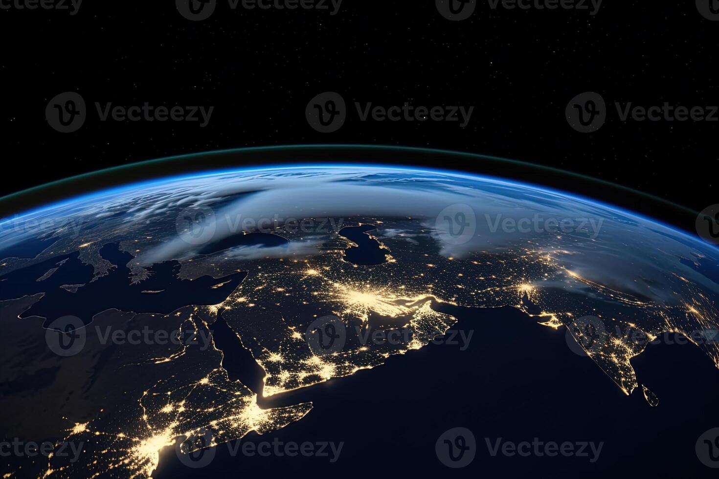 Beautiful amazing planet Earth with night lights of megacities and cities with stars space view. photo