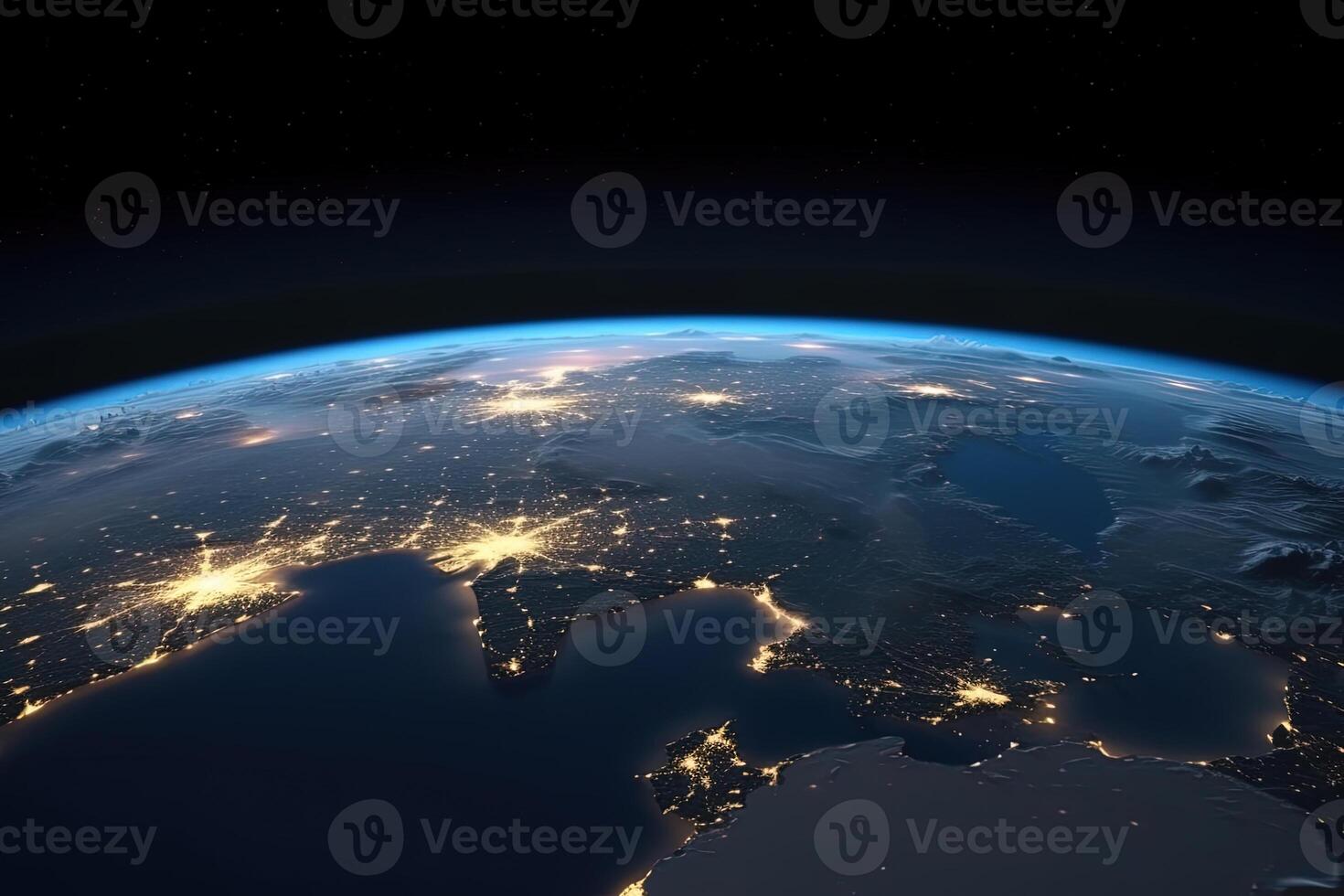 Beautiful amazing planet Earth with night lights of megacities and cities with stars space view. photo