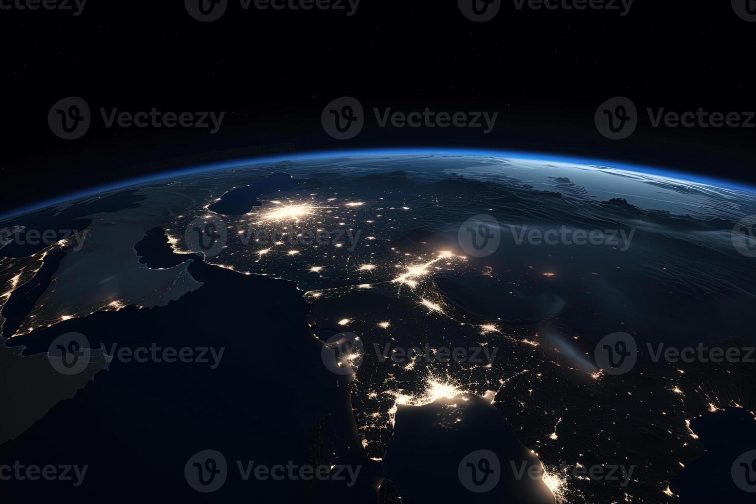 Beautiful amazing planet Earth with night lights of megacities and cities with stars space view. photo