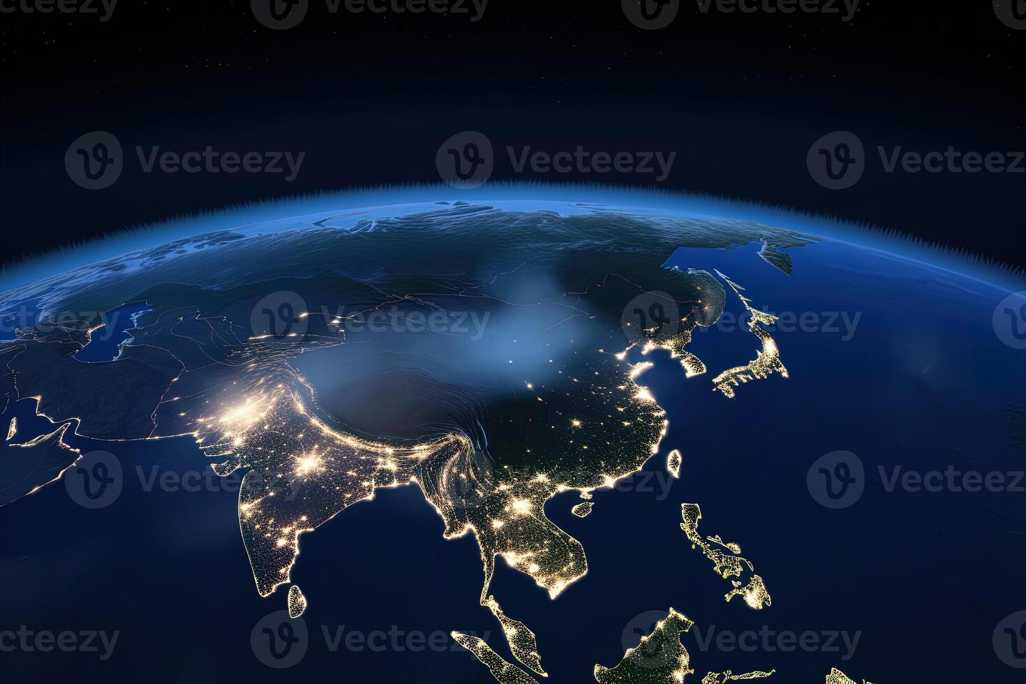 Beautiful amazing planet Earth with night lights of megacities and cities with stars space view. photo