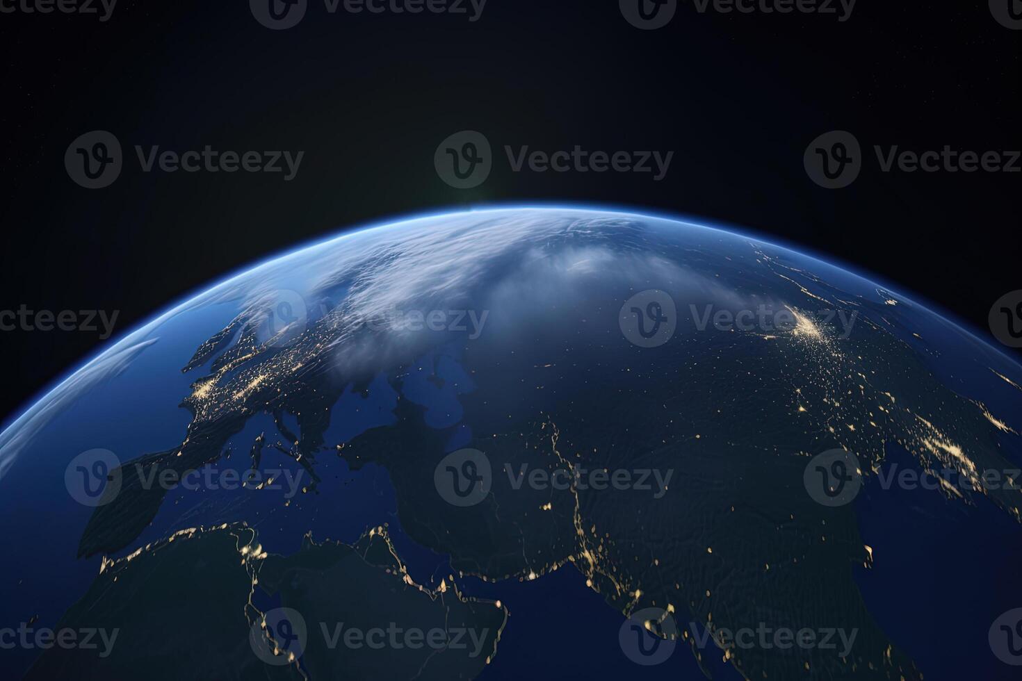 Beautiful amazing planet Earth with night lights of megacities and cities with stars space view. photo