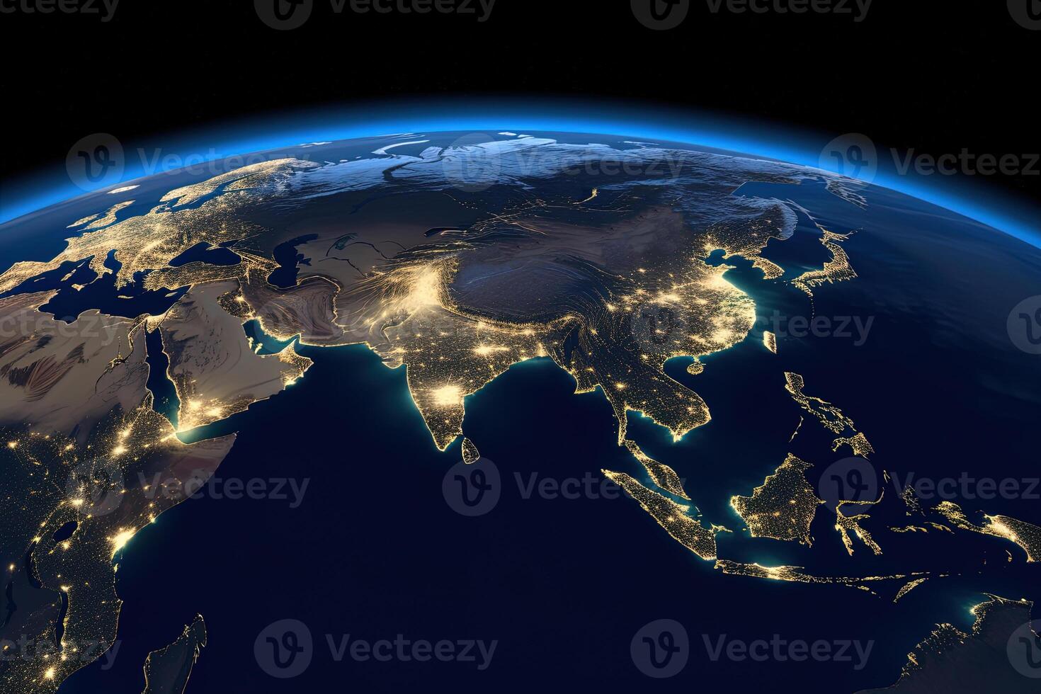 Beautiful amazing planet Earth with night lights of megacities and cities with stars space view. photo