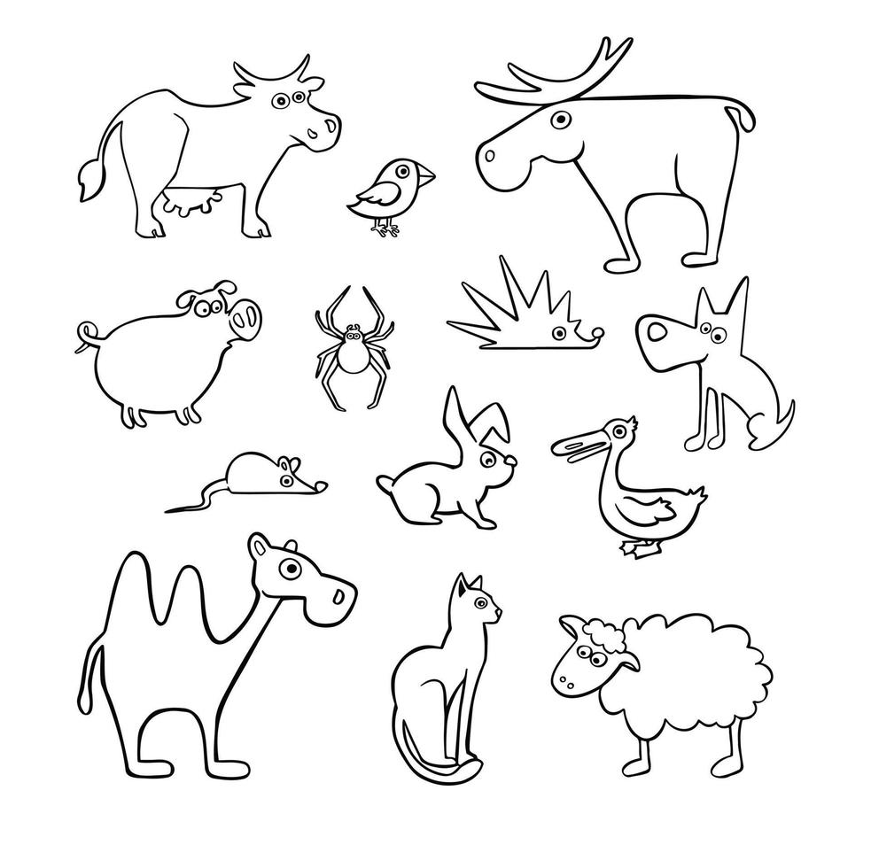 cartoon line sketch set  domestic and farm animals vector illustration