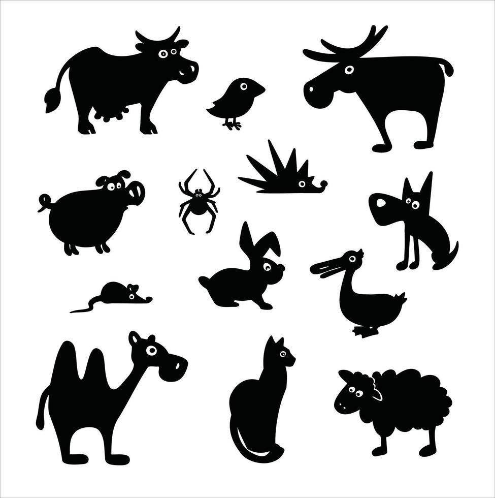 cartoon silhouette set of domestic and farm animals vector illustration