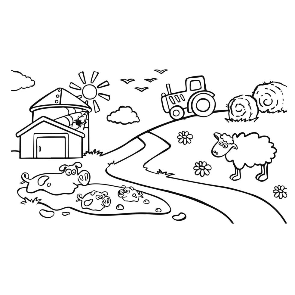 cartoon outline farm with sheep coloring book for children vector