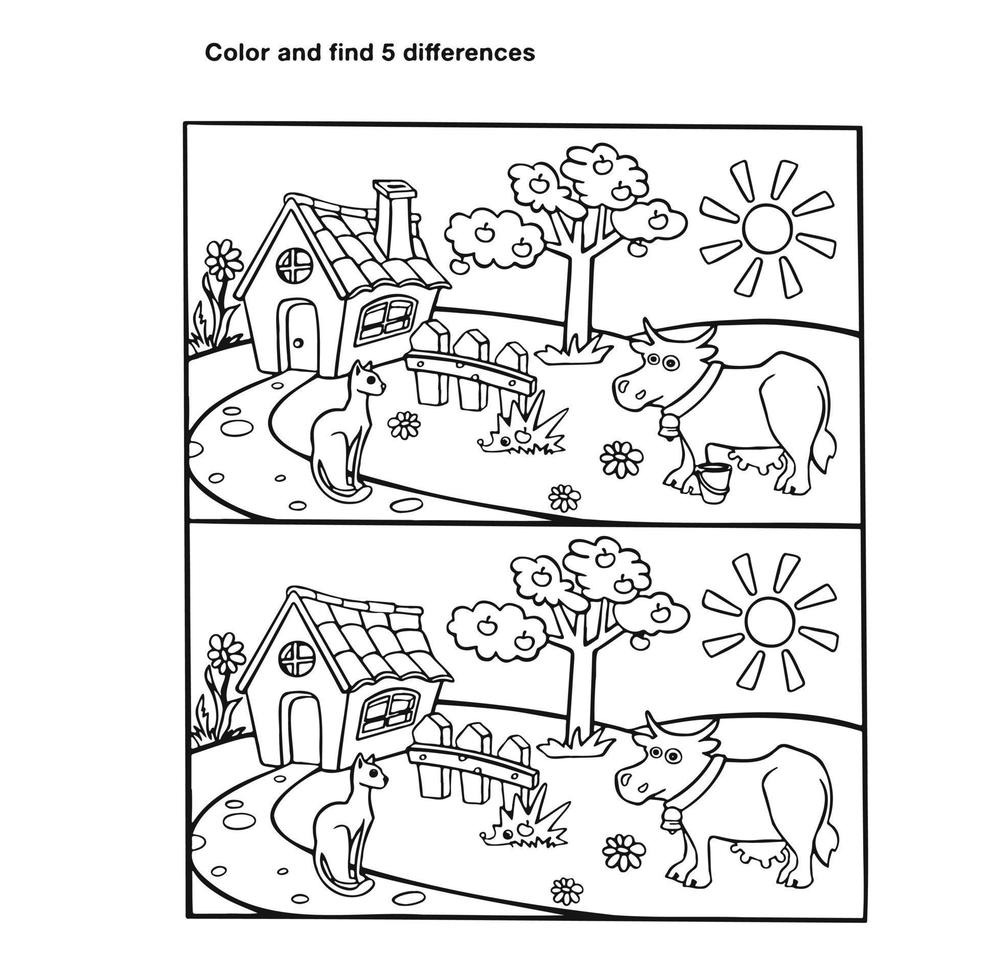 find the differences riddle for kids, coloring book vector