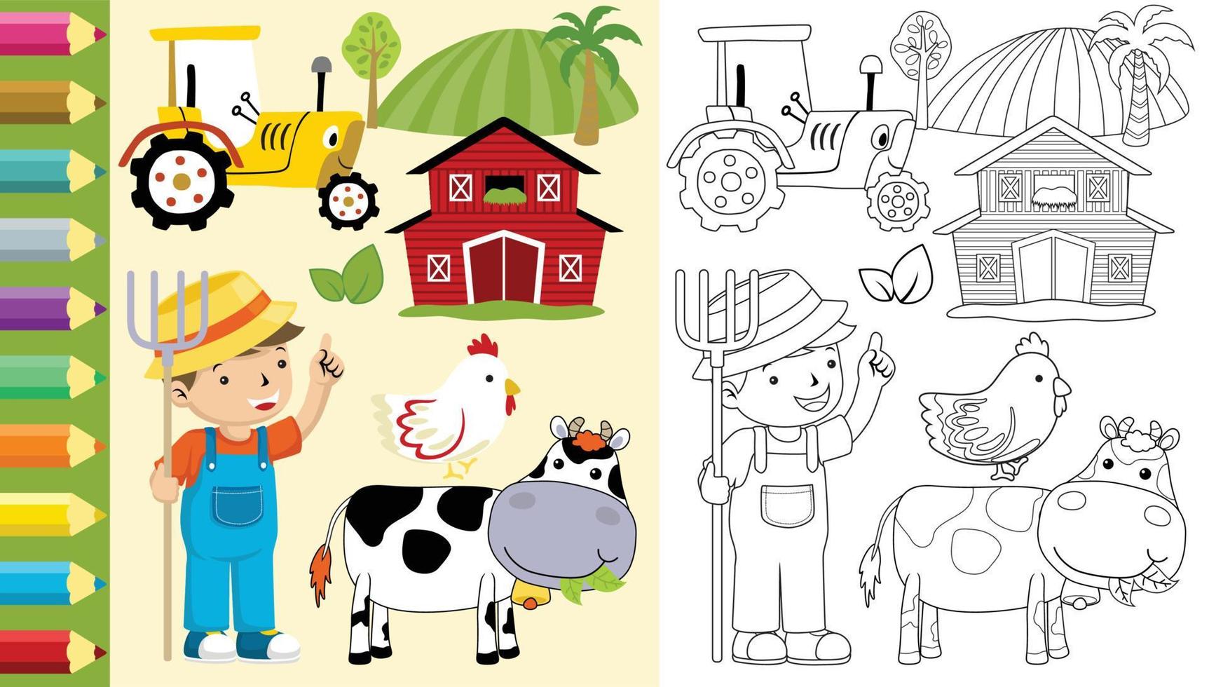Vector illustration set of farming elements cartoon, coloring book or page