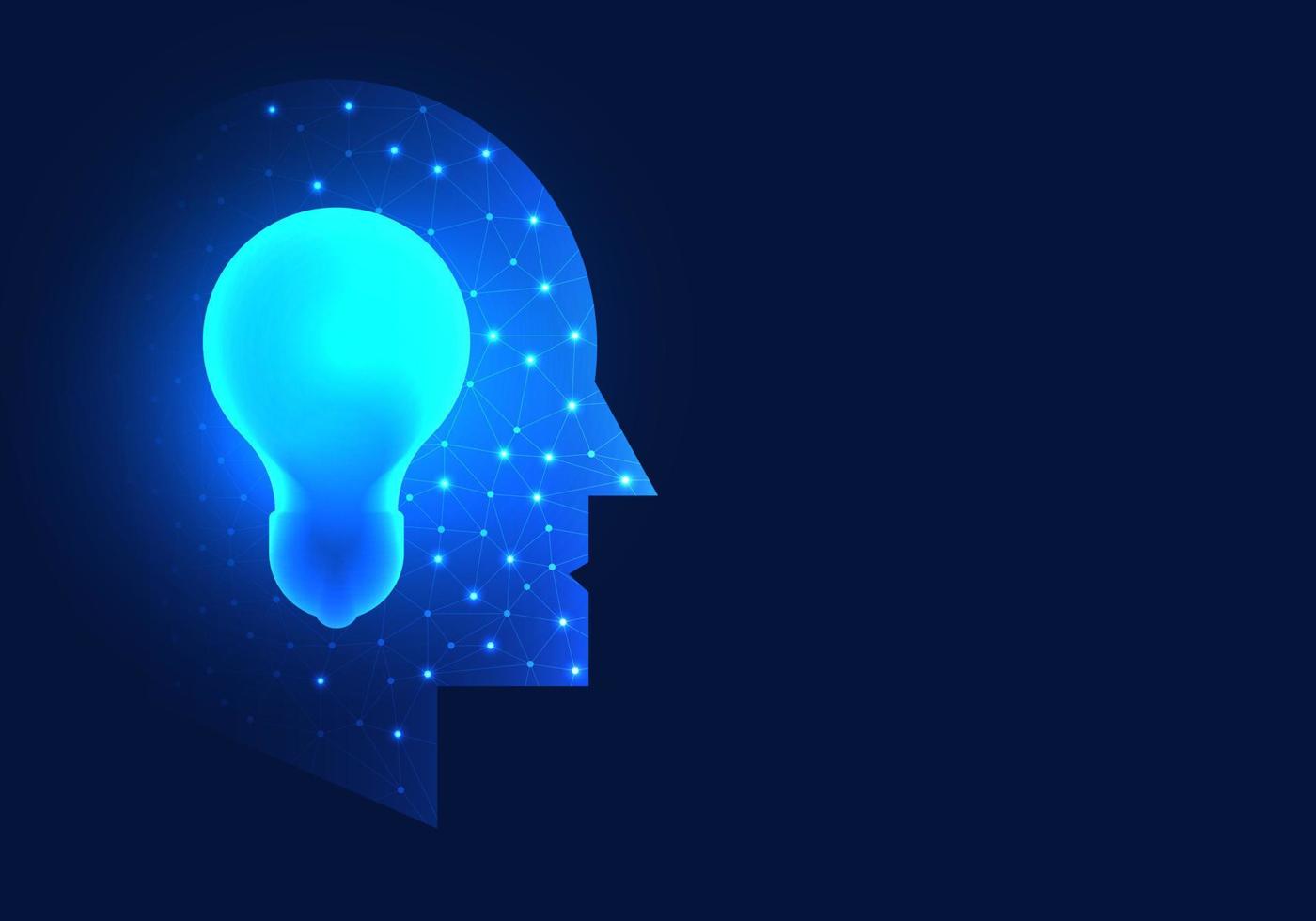 Light bulb is inside the robot's head. It means that technology or artificial intelligence can help support new ideas or solve problems using technology. The AI works with humans and learns. vector