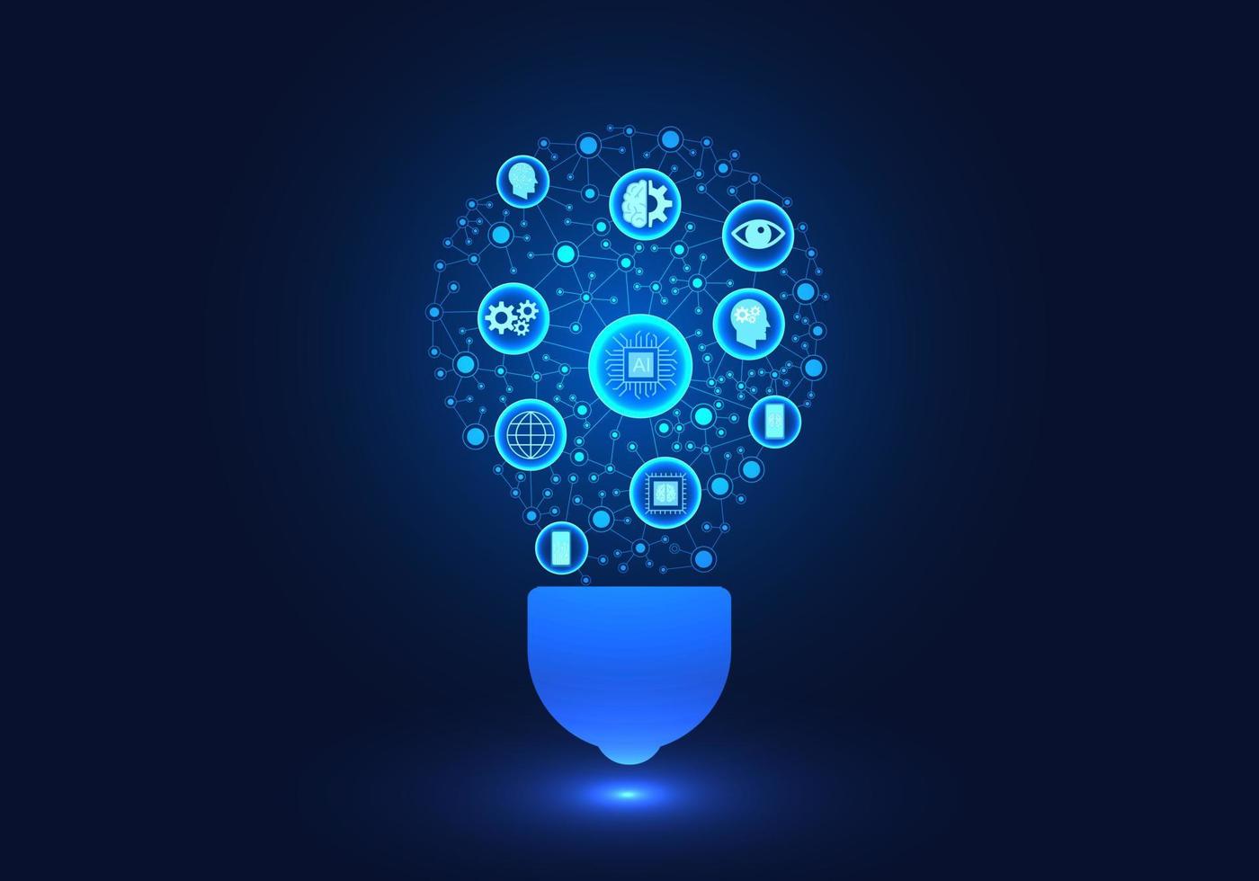 Artificial intelligence in the light bulb refers to the use of smart technology or artificial intelligence to help in solving various problems and initiate new things for businesses. vector