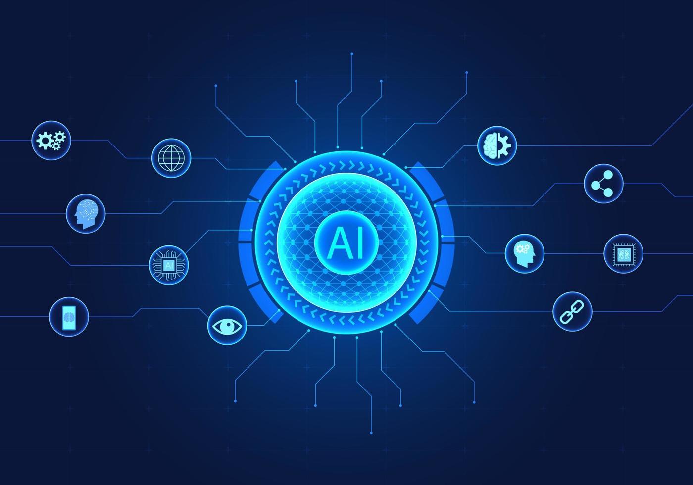 Artificial intelligence technology circle background with smart technology icons It means artificial intelligence technology that helps humans in business matters. Ideas and solutions vector