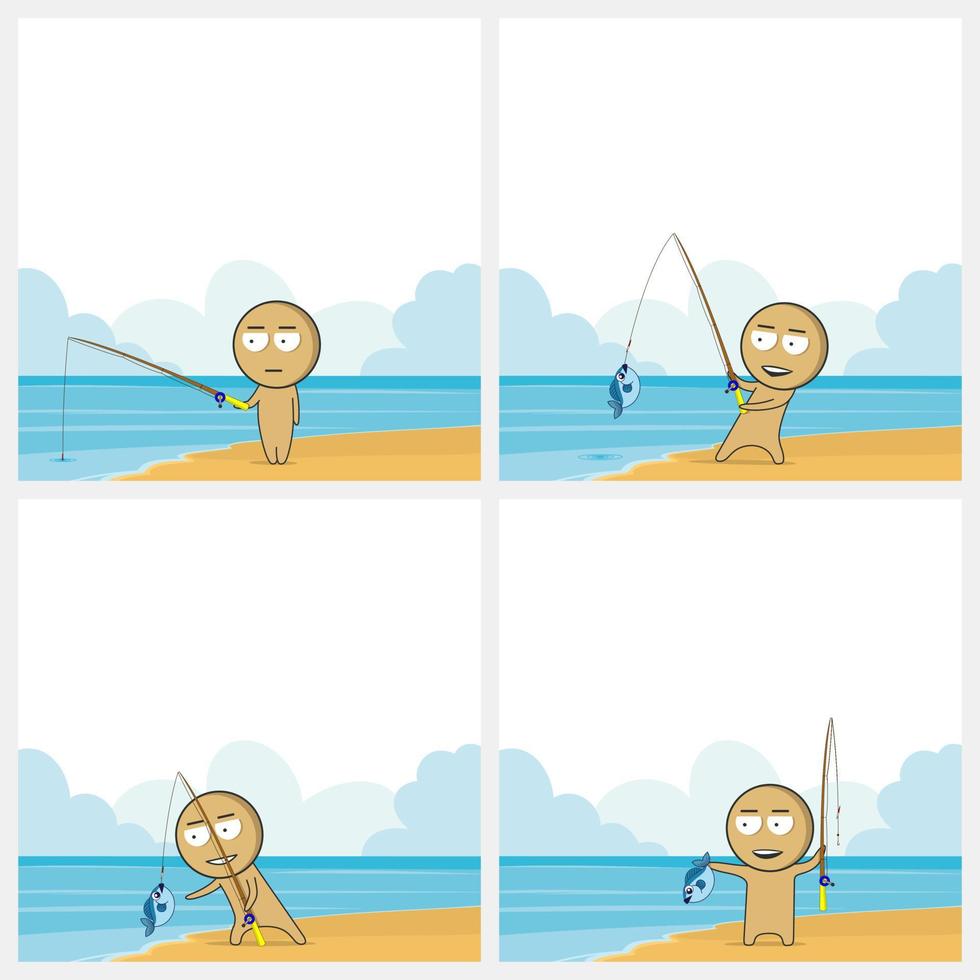 A cartoon of a man fishing on a beach. vector