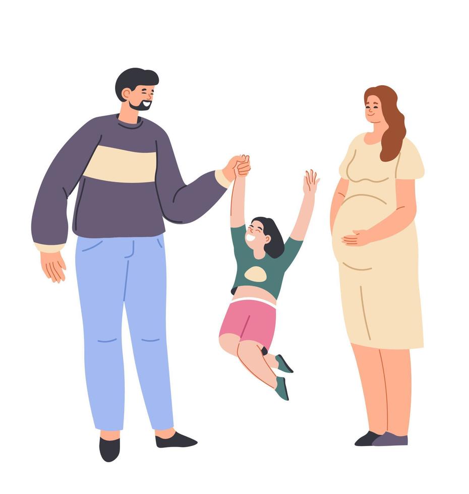 familia vida, expectante madre y papá con niño vector