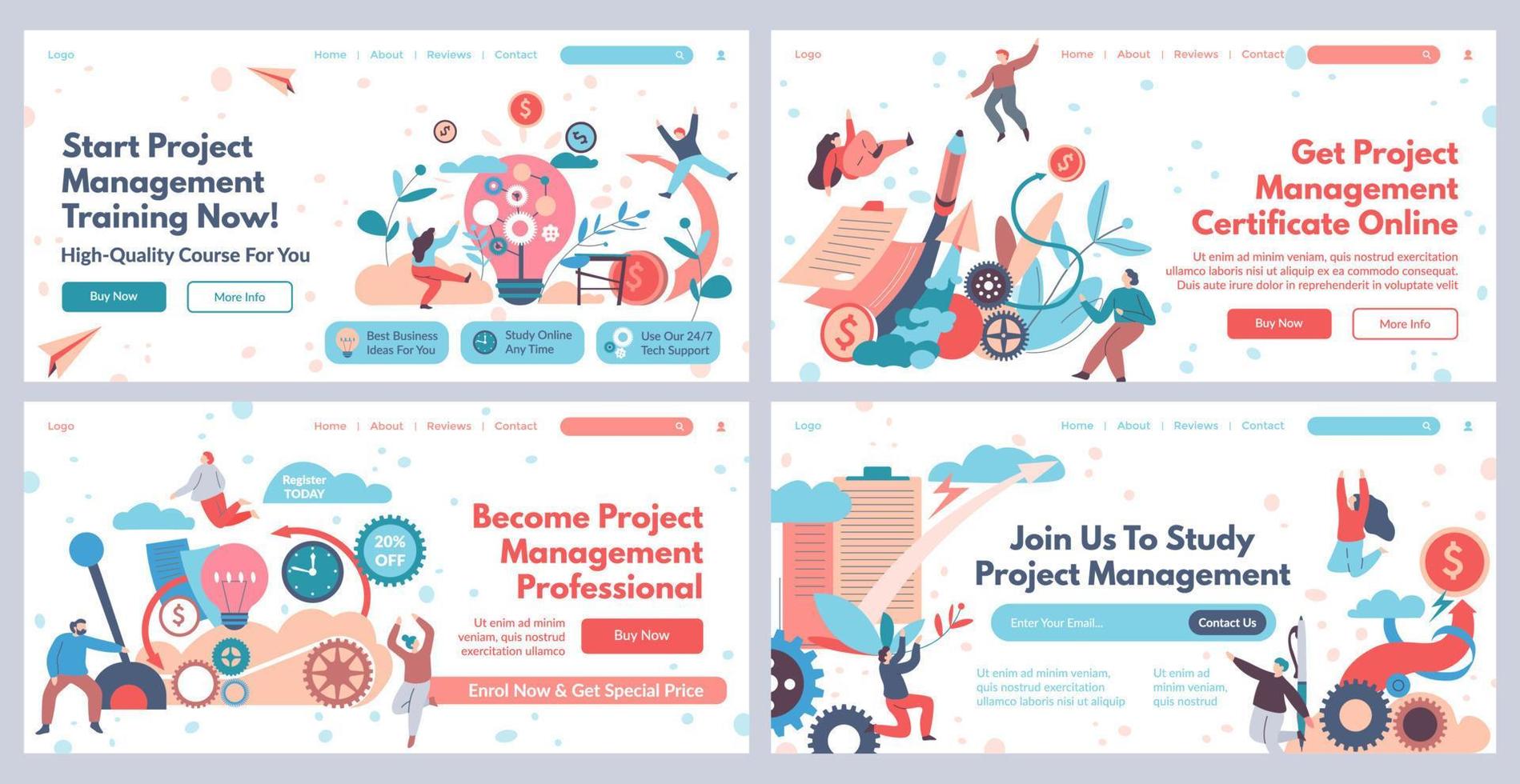 Project management training at web banner set vector