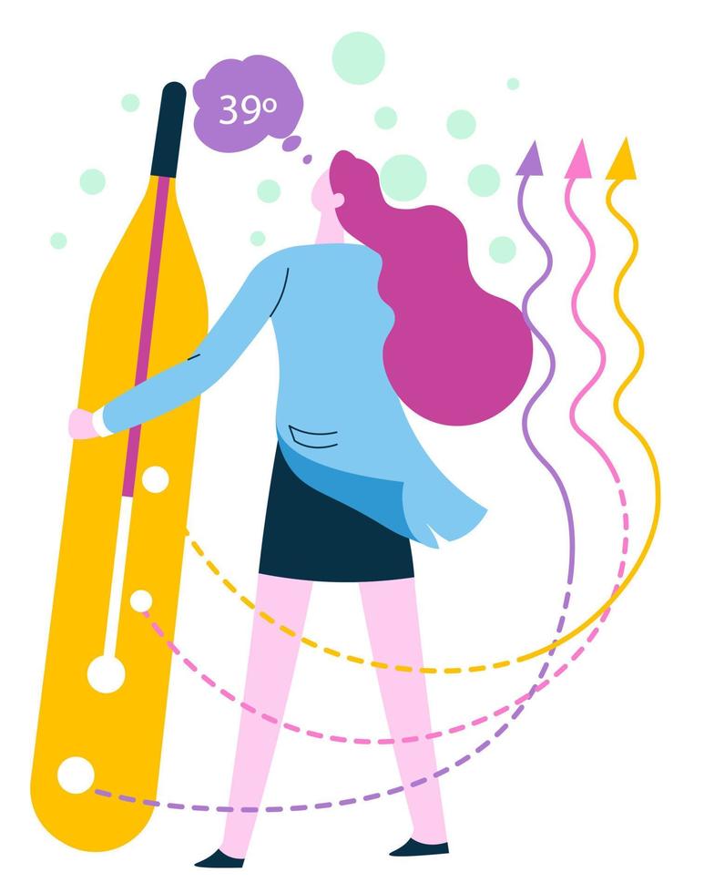 Patient with thermometer, fever and high temperature illness symptoms vector