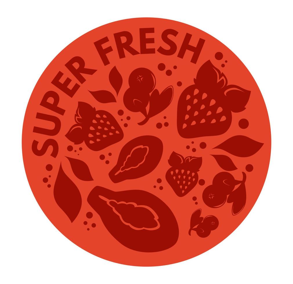 Super fresh fruits and berries, label for product vector