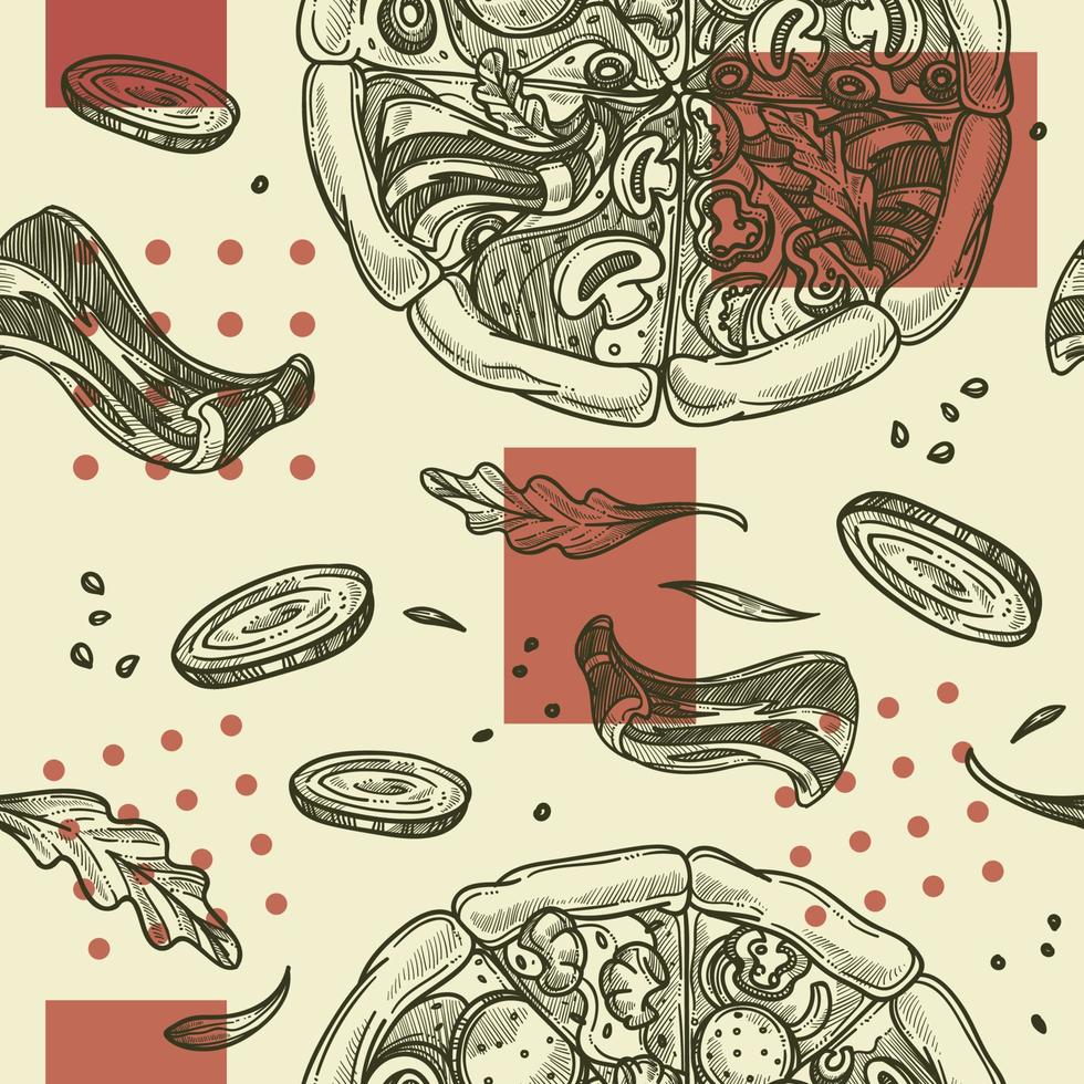 Pizza Italian dish with bacon and vegetables print vector