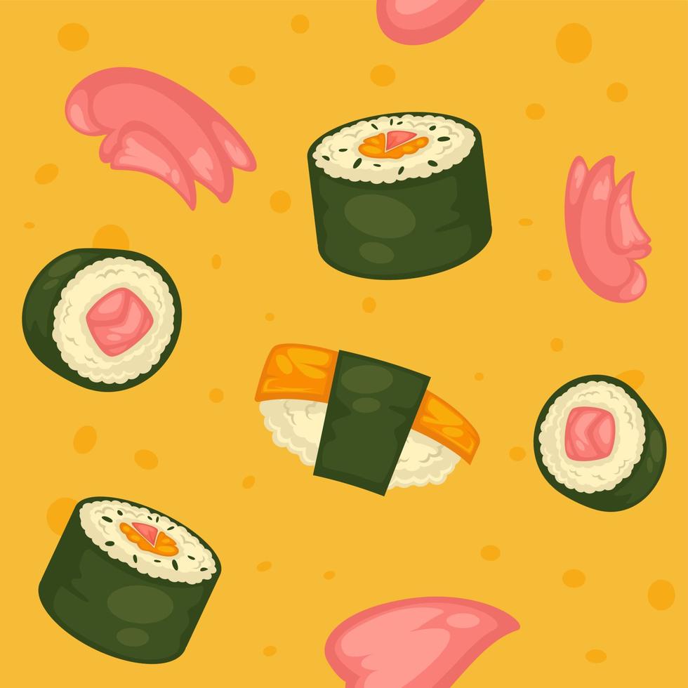 Sushi and onigiri, sahimi rolls seamless pattern vector